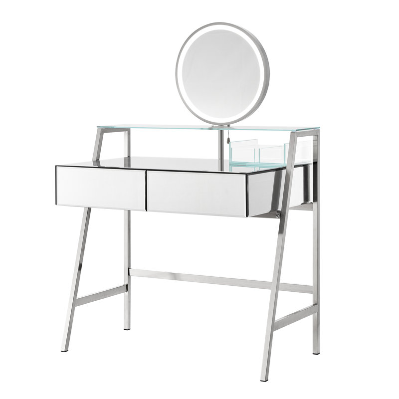Console de meuble-lavabo à miroir argenté avec lumières et miroir, 2 tiroirs spacieux, tablette ouverte, espace de chargement dans la chambre à coucher, lumières de coiffeuse 33,9 po