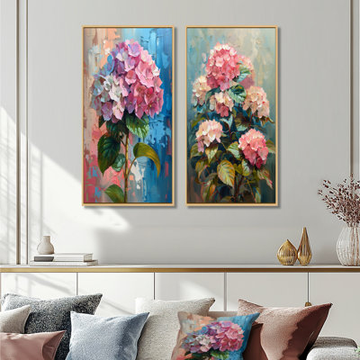 Hortensia rose et bleu qui fleurit en été III - ensemble d'hortensias muraux 2 pièces