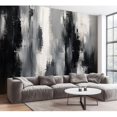 Wall Mural Peel and Stick Wallpaper Monochromatic Abstract Artwork Black Gray Brush Strokes Self-Adhesive Removable Contact Paper Wall Decor for Living Room Bedroom 100"H x 144"W