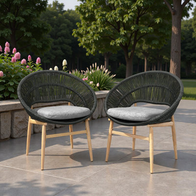 Chaise de salle à manger d'extérieur en osier de style papasan, pieds en teck et rotin artificiel, ensemble de 2