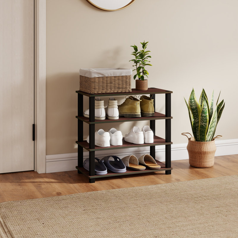 4-Tier 23.6"W Wood & PVC Tubes Shoe Rack, Shoe Shelf Holds up to 12 Pairs for Enterway, Dark Brown Wood