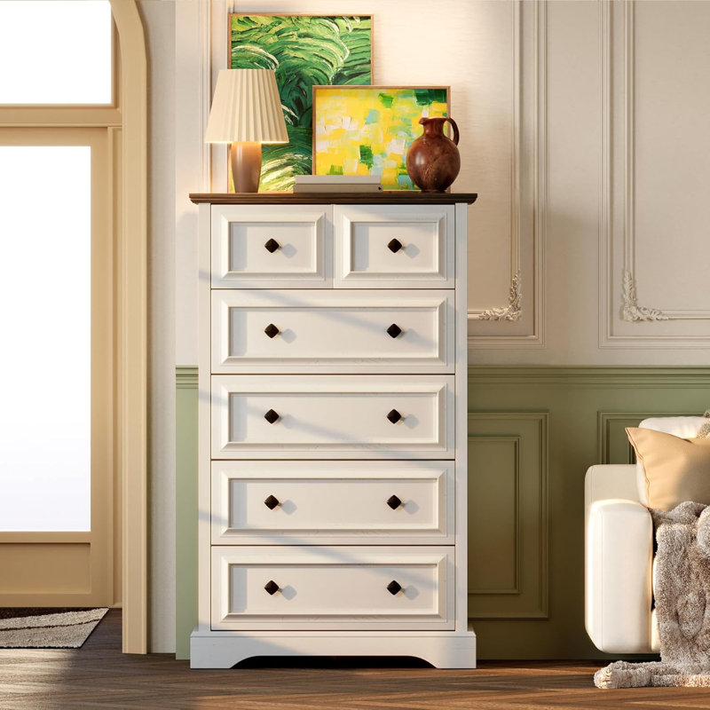 Farmhouse 6 Drawer Tall Dresser for Bedroom, Living Room, Hallway, Antique White/Walnut