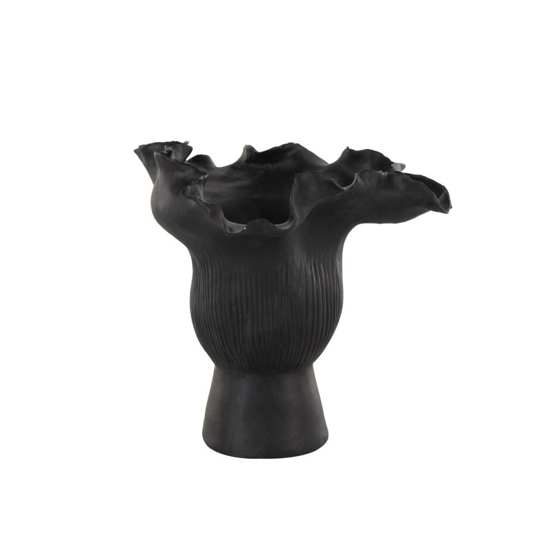 Aceves Floral Inspired Abstract Vase With Linear Grooves, Black