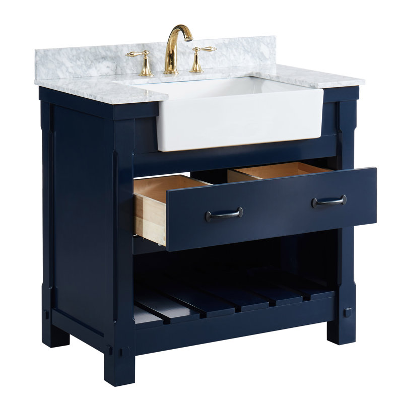 Ruthe 36'' Single Bathroom Vanity with Marble Top, Navy Blue