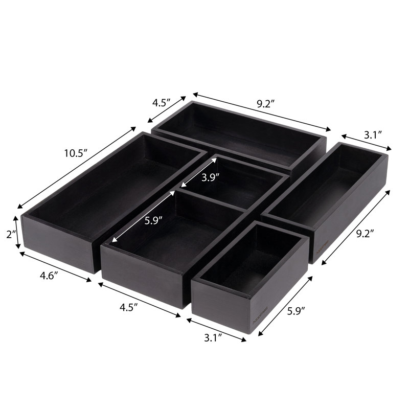 Eldora Handcrafted 5-Piece Multi-Use Individual Bamboo Kitchen Drawer Organizer Boxes, Natural, Black