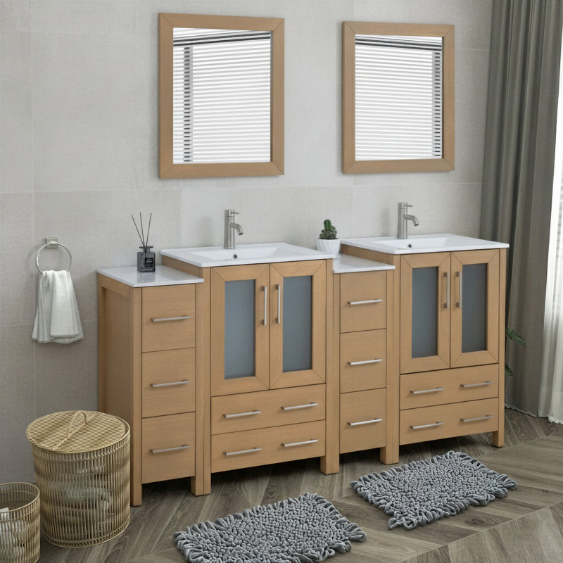  Modern 72" Double Bathroom Vanity Set with Mirror, Natural Oak