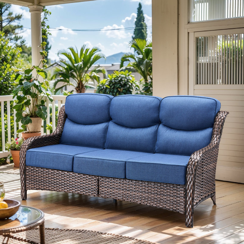 Canapé d'extérieur rotin en osier de 71 po avec coussins de 6 po Deb, Bleu, Brun