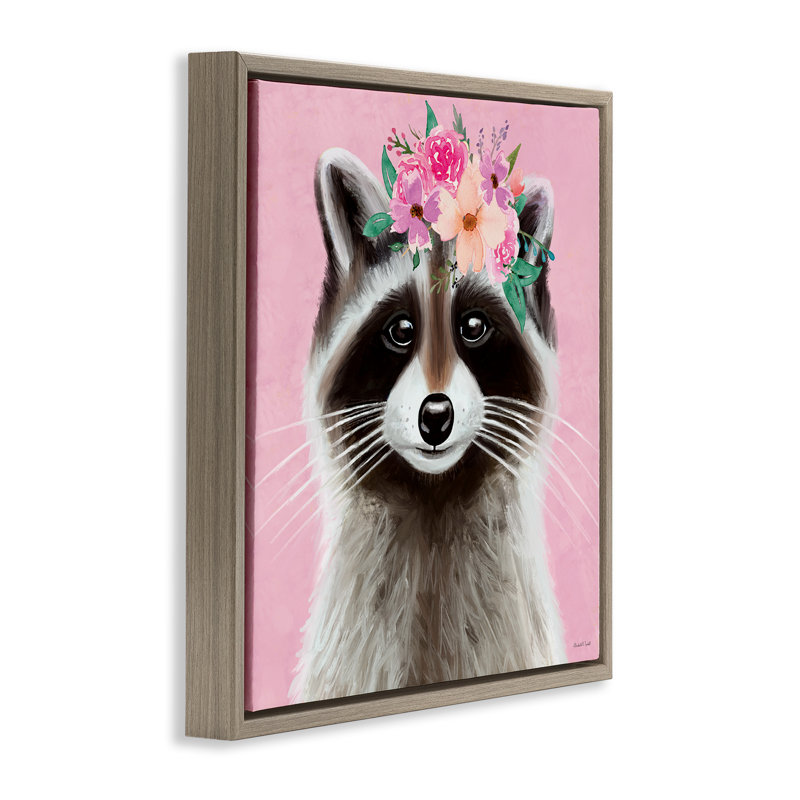 «Pink Florals Raccoon», art mural sur toile par Elizabeth Tyndall, Cadre flottant orme Montalcino