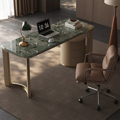 Khaki Black Rectangular Marble Manufactured Wood Stainless Steel with 3 drawers desk