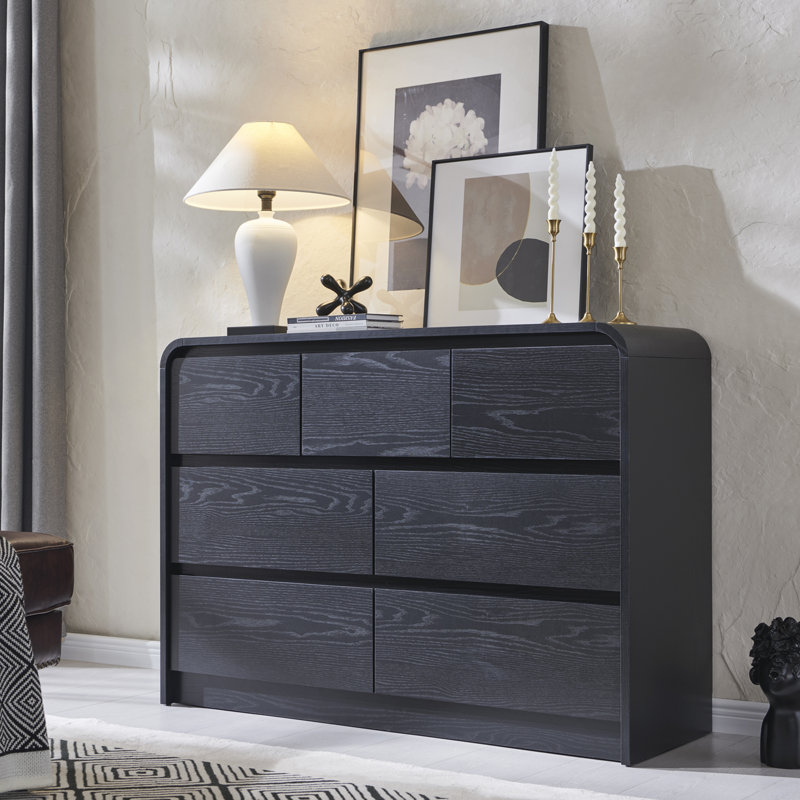 Maud Modern 7 Drawers Dresser for Bedroom, 47" Wide Wood Dressers & Chests of Drawers w/Curved Profile Design, Black
