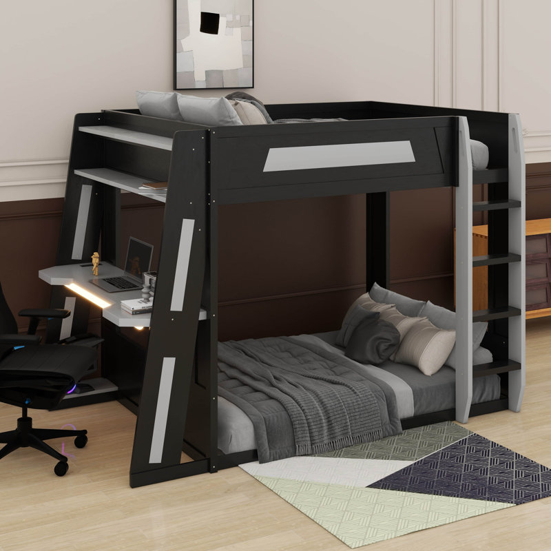 Grand lit superposé en bois avec bureau, USB et DEL, Noir/gris, Grand lit