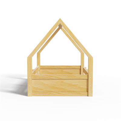 Lit simple en bois avec plancher de maison simple, structure de toit de maison, garde-corps de clôture et panneau rainuré