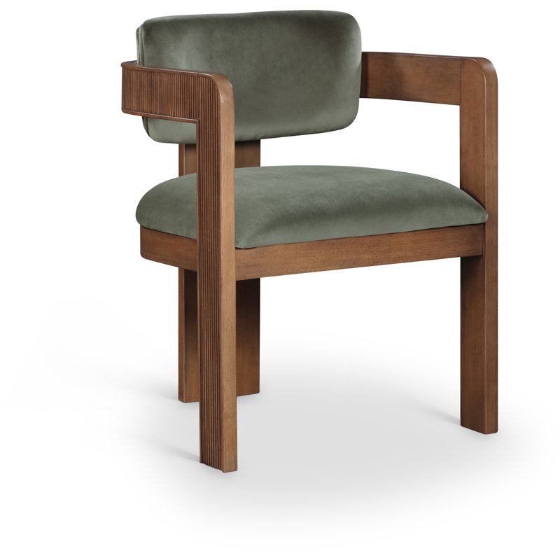 Sacha Frink Upholstered Dining Arm Chair, Green Velvet, Brown Walnut