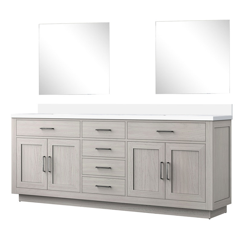 84 po L x P 22 po. Meuble-lavabo double en chêne blanc avec comptoir en marbre de culture et 34 miroirs, fermeture en douceur, panneaux de cadre en bois massif de chêne, comptoir