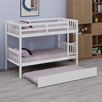 Rubber Wood Bunk Bed With Trundle,Ladder And Safety Guardrails, Convertible Into 2  Beds