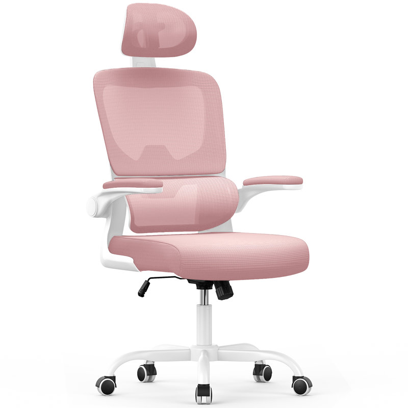 Motonobu Ergonomic Office Chair with Mesh Lumbar Support, Pink, White