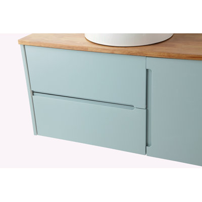 Meuble-lavabo mural de 91 cm (36 po) avec tiroir double et porte simple, dessus en bois massif et lavabo rond en céramique artistique ; design moderne et minimaliste pour les salles de bains.