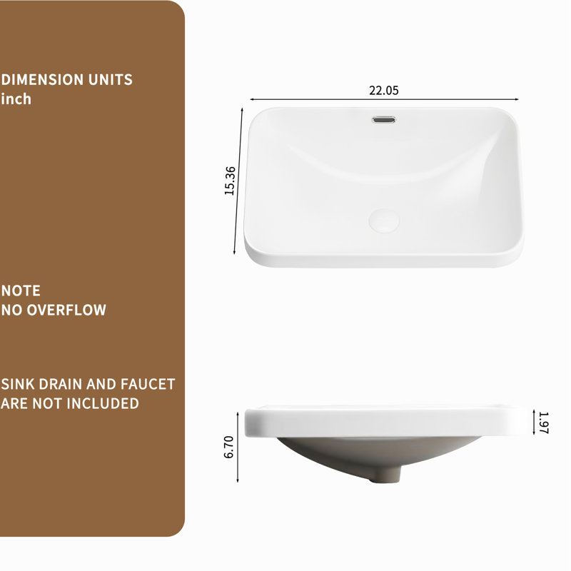 Lavabo de salle de bain encastré en céramique blanc laiteux 22,41 po x 15,61 po 6,7 po, lavabo sans couture, style américain, surface teintée, revêtement sécuritaire, ajustement