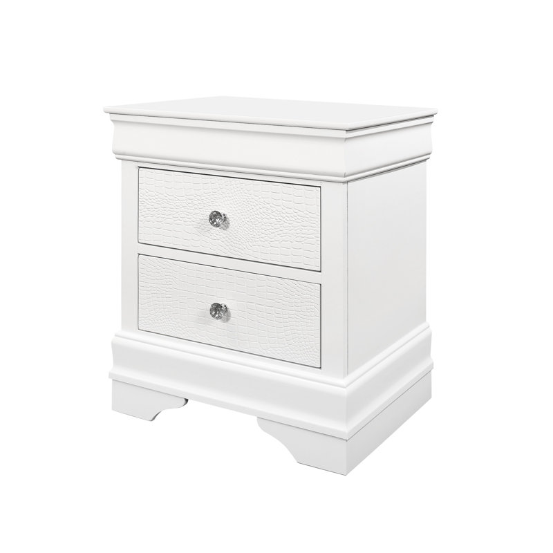 Table de chevet blanche avec tiroir texturé en bois massif et boutons de chambre, Blanc