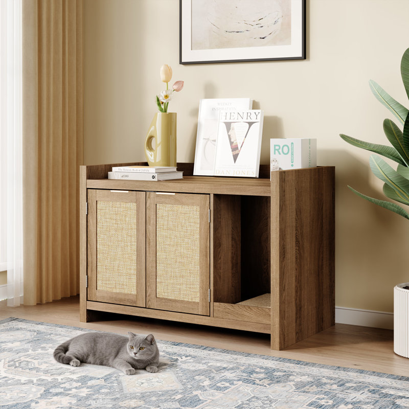 Enceinte pour chat, litière cachée avec porte en rotin, Brun