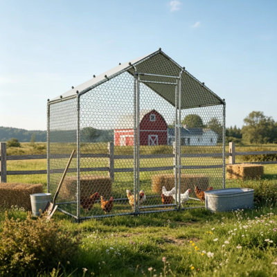 Outdoor Walk-in Metal Poultry Cage, Large Chicken Run with Waterproof Cover and Heavy-Duty Steel Frame, Spire Roof Coop for Hen, Duck, Rabbit, Goose Backyard Farm