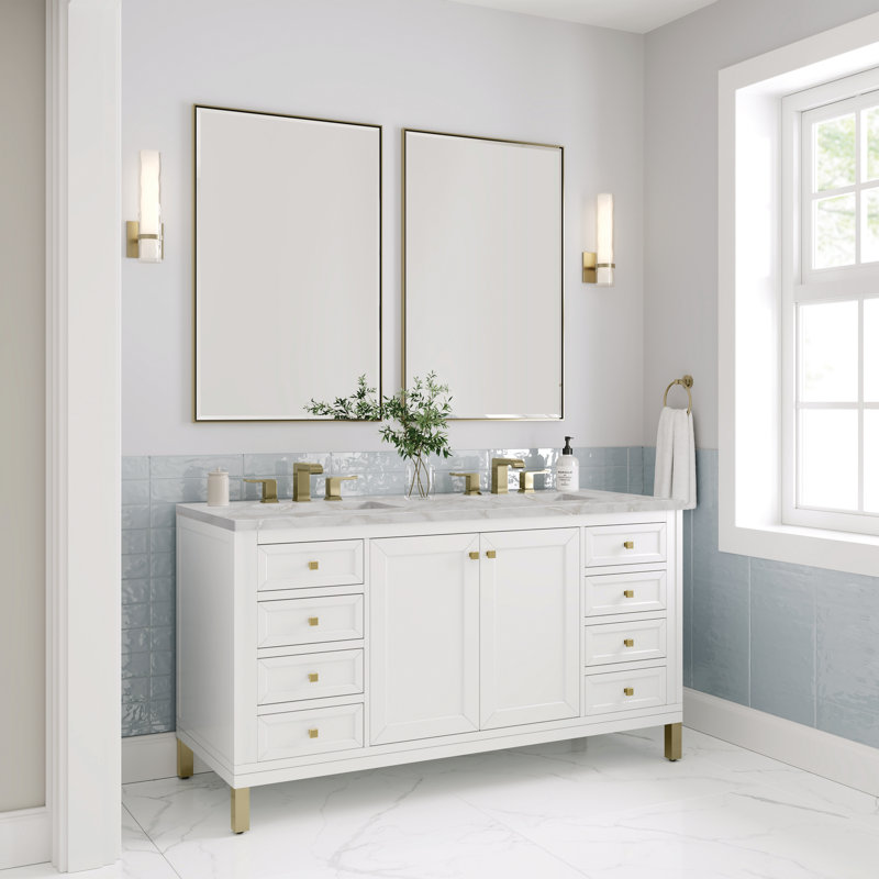 Chicago 60'' W Double Vanity, Glossy White, Victorian Silver