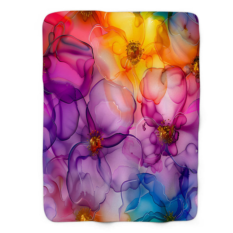 Couverture en sherpa de qualité supérieure 1 pièce Technicolor Inked Flowers, Grand lit