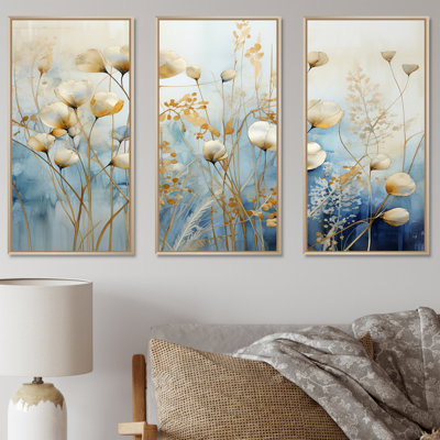 «Grey and Gold Flower Garden Delight I - Plants», ensemble d'art sur toile