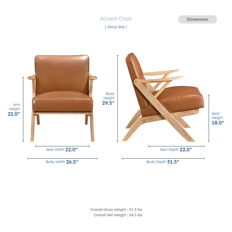 Granby 26.5" Mid-Century Modern Accent Chair - Easy-Care Faux Leather Upholstery, Durable Solid Rubberwood Frame, Natural