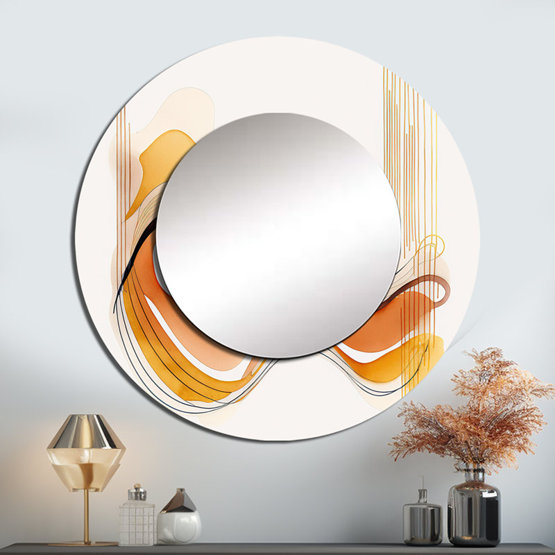 «Padelea Burnt Orange Waves Abstract III - Minimalisme grand miroir mural, miroir rond moderne unique, art imprimé en métal