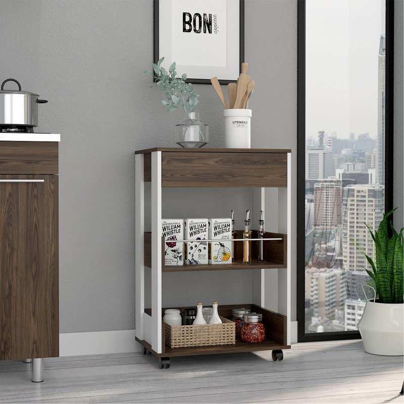 Chariot de cuisine, trois tablettes, quatre roulettes - blanc / noyer foncé