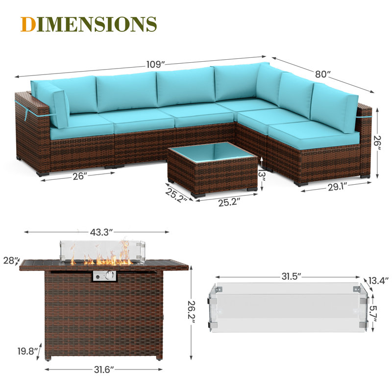 Ensemble de conversation pour patio 8 pièces avec foyer d'extérieur Romanas, Bleu ciel