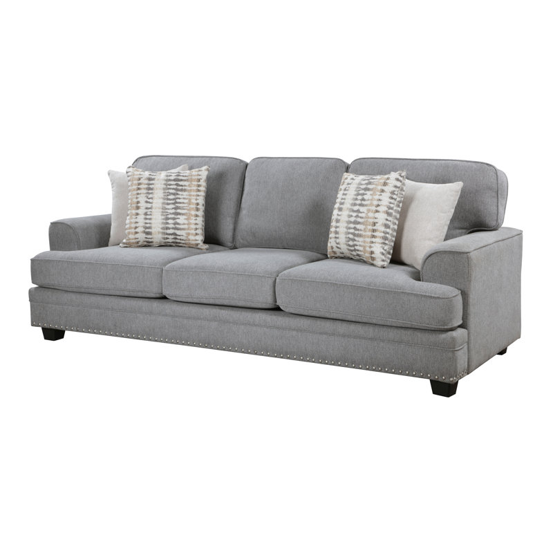 Canapé Brady avec 4 coussins, chenille grise, garniture cloutée, 92 pouces, Gris