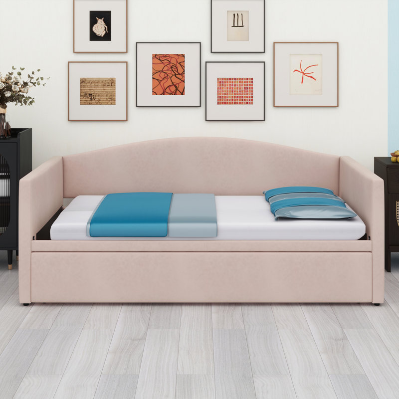 Horta Twin Size Daybed with Extended Pop Up Trundle, Pink