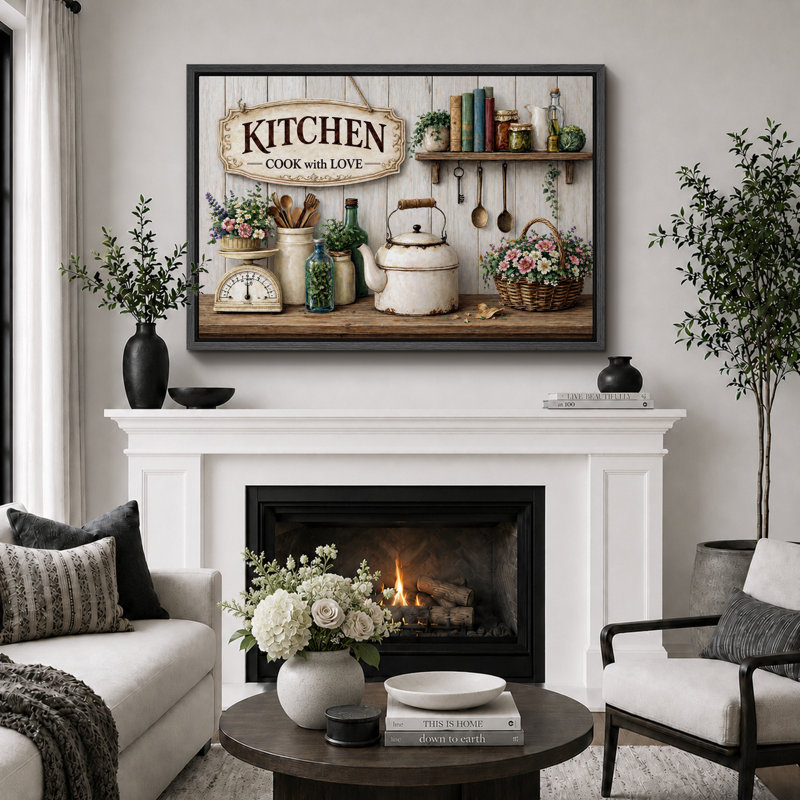 «Kitchen Cook With Love», reproduction de giclée sur toile encadrée, H 24 po x l 36 po x P 1,5 po, Cadre noir