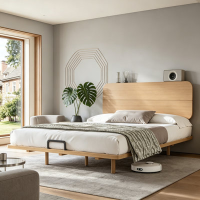 Queen Size Platform Bed with  Headboard,Solid Bamboo Platform Bed Frame With Built-in USB Ports,Floating Beds Frame with Under-Bed Storage for Bedroom,Guest Room,Sturdy Support Slats,No Box Spring Needed,Natural.