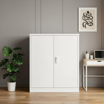 Armoire de rangement en acier laminé à froid blanc de 90 cm de hauteur, avec portes verrouillables et 2 étagères réglables, organisateur en métal résistant à la rouille pour garage, bureau et entrée.