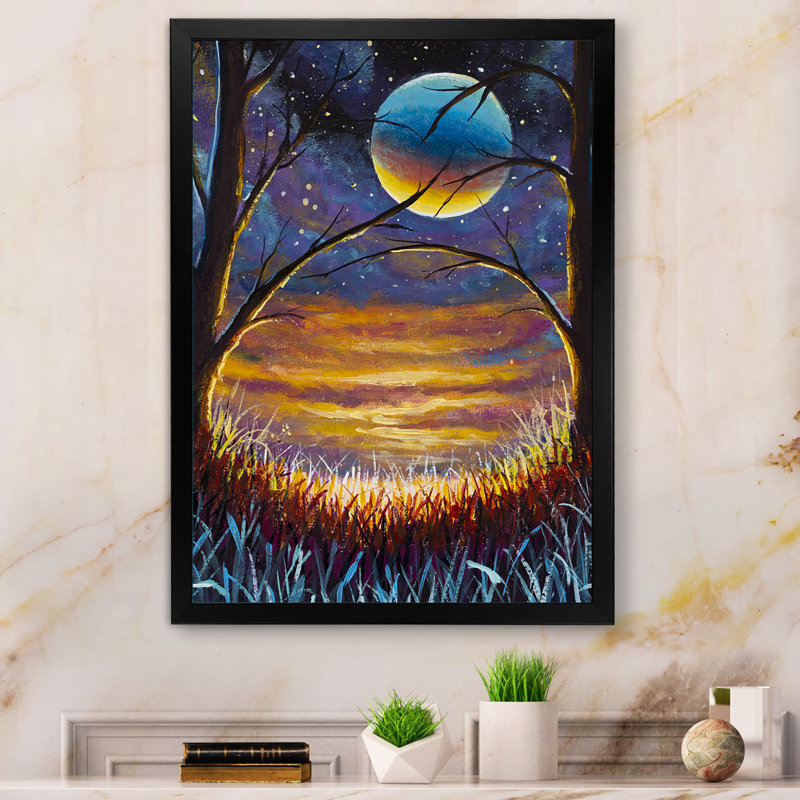 Nuit fantaisie lune - peinture, H 20 po x l 12 po x P 1 po, Toile avec cadre photo noir