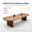 Ensemble de table de conférence ovale moderne en bois massif noyer, comprenant 8 chaises de bureau ergonomiques en filet avec roulettes-1211423540
