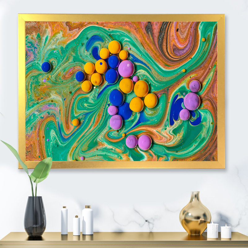 Abstrait fluide coloré bulles d'acrylique - peinture sur toile, H 24 po x l 32 po x P 1 po, Cadre doré