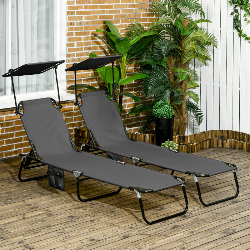 Folding Patio Chair With Canopy, Dark Gray, Reclining Back, Steel Frame For Sunbathing In Beach, Yard, Pool