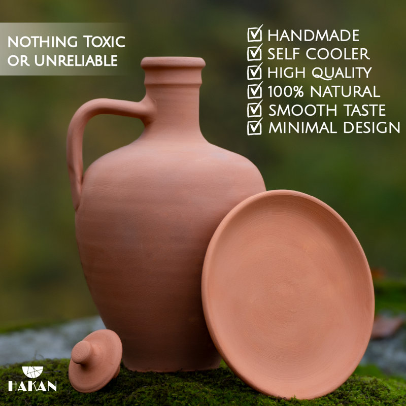 Handmade Natural Terracotta Water Pitcher with Lid and Plate, 3.3 Qts