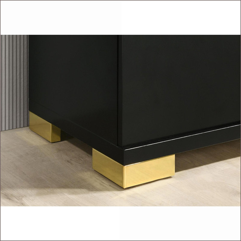 Ensemble de mobilier de chambre à coucher, grand lit 3 pièces noir / doré moderne avec DEL + 2 tables de chevet, bordure en acrylique | Bois d'ingénierie, métal | Lits standard
