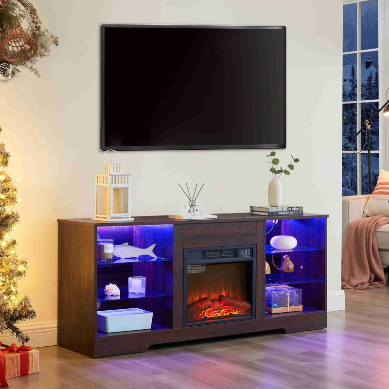 Modern 58" Electric Fireplace Tv Stand With Led Lights, Glass Shelves & Usb Charging Ports, Entertainment Center For Tvs Up To 65"