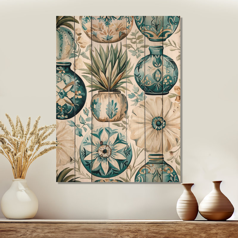 Poterie verte et blanche III - Global Wall, décoration murale sur bois de pin naturel, H 32 po x l 24 po