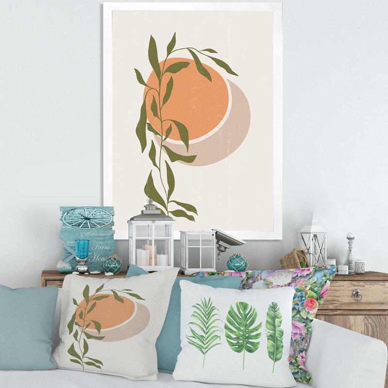 Abstrait soleil orange et lune avec feuille tropicale - impression sur toile, Toile blanche encadrée