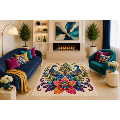"Ultra Light Weight" 5' x 7' Peacock Lotus Floral Area Rug Colorful Boho Bird Botanical Decor for Living Room Bedroom Dining Room Non-Slip Silicone Backing Low Pile