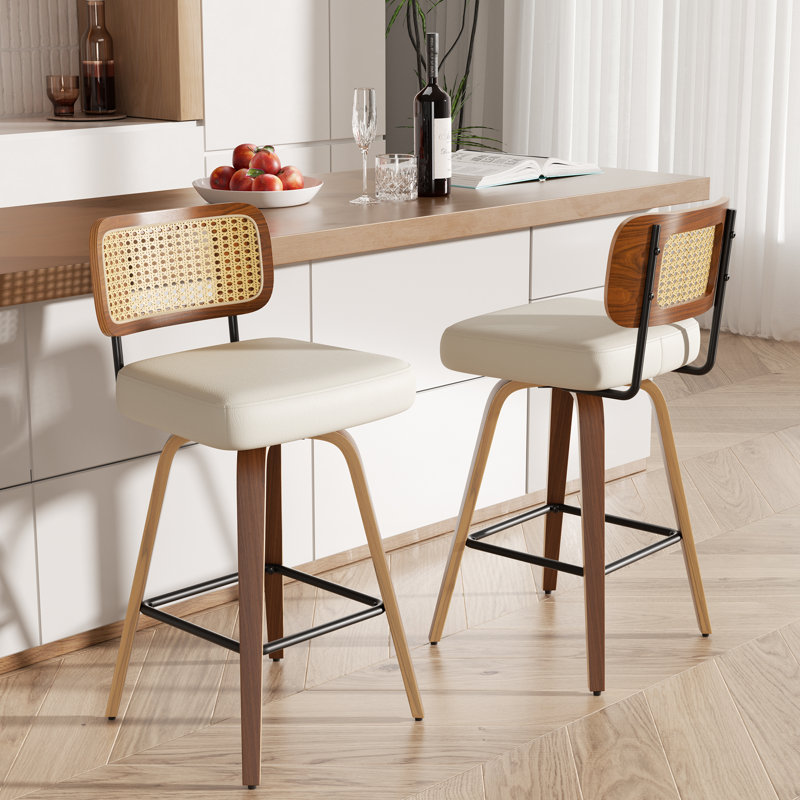 Stylish Swivel Counter Stool With Soft Upholstered Rattan Back, Beige