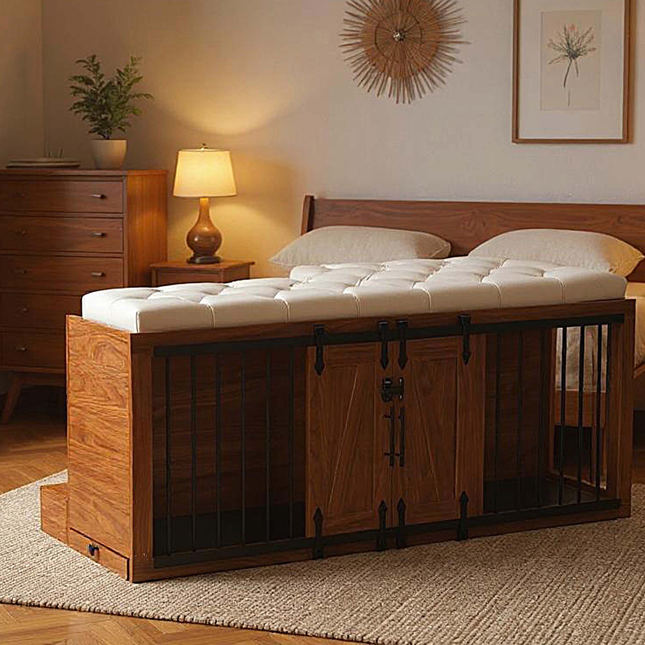 17 Stories 2 in 1 Dog Crate with Padded Seat, Sliding Barn Door, Wooden ...