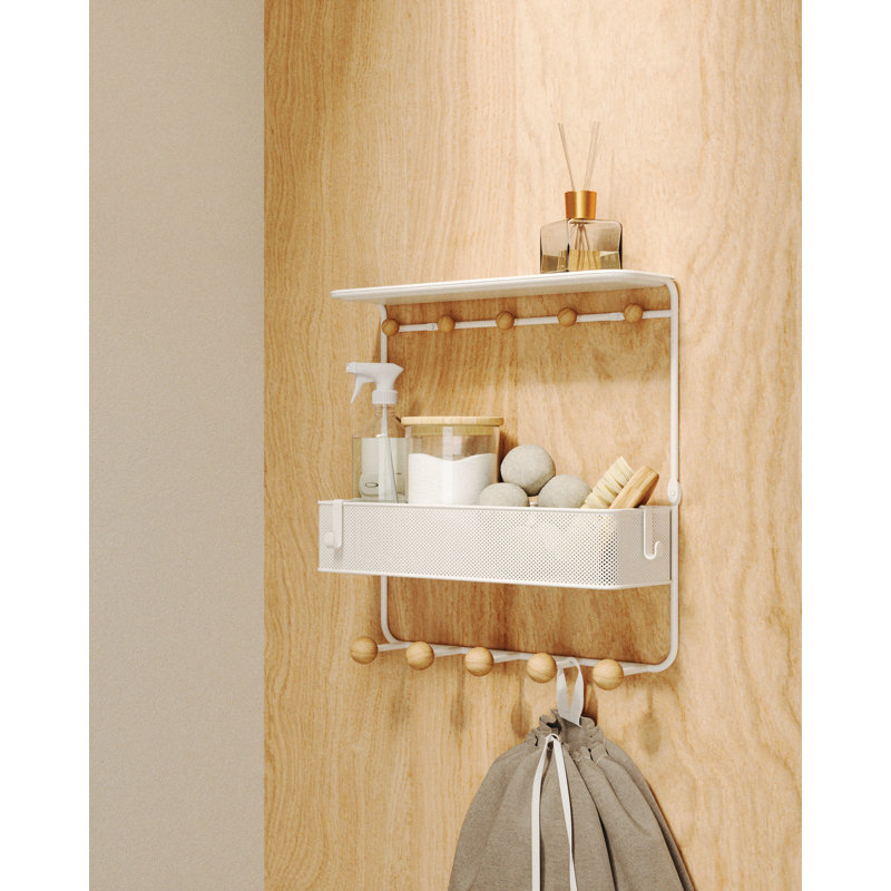 Estique White/Natural 10-Hook Wall Shelf with Perforated Metal Basket